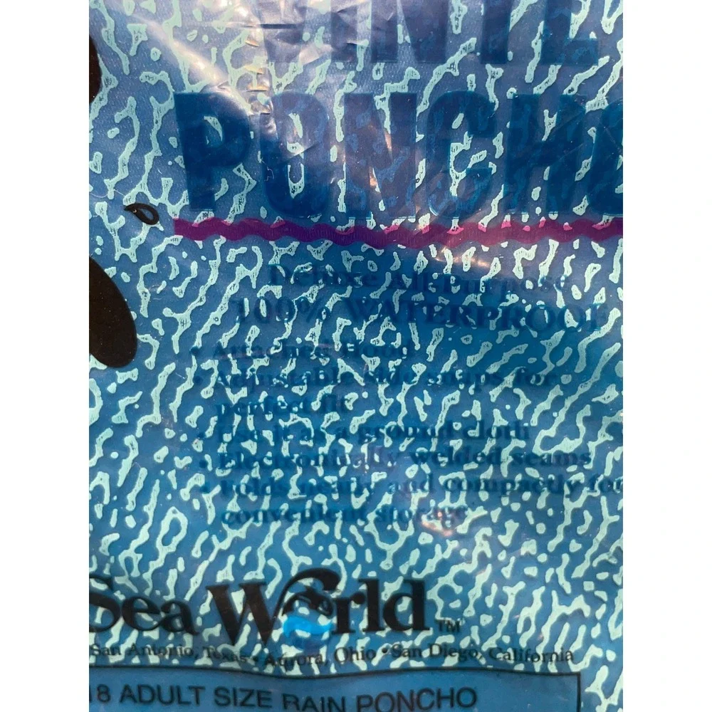 Sea World Adult Size Vinyl Hood Rain Poncho‎ Blue New